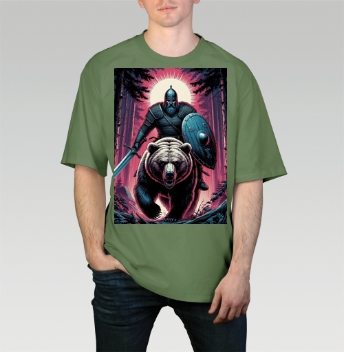 Фотография футболки Viking Warrior Bear / Викинг на медведе в стиле ретроволна медведь воин фэнтези