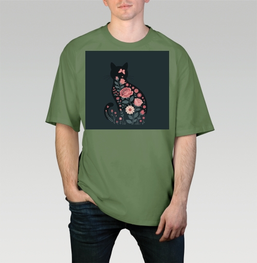 Фотография футболки Изящный грациозный силуэт черного кота в розах Floral cat rose