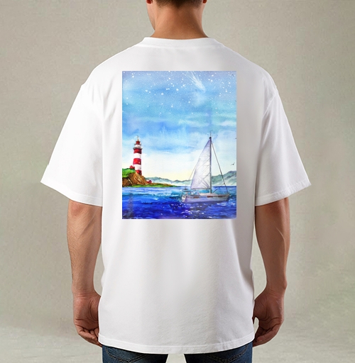 Фотография футболки Яхта и маяк в море