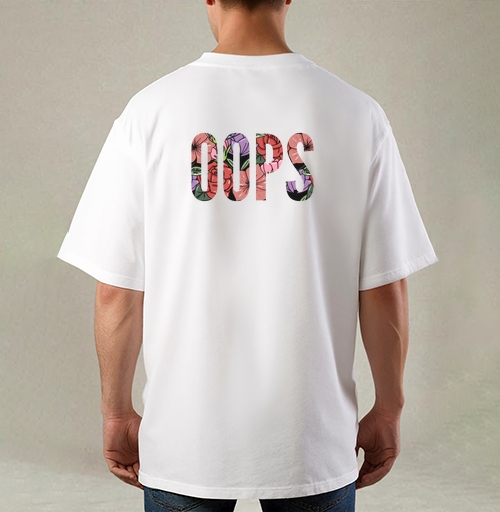 Фотография футболки Цветочная Надпись Ошибка OOPS на Сером фоне