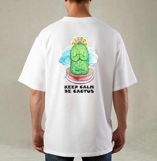 Фотография футболки Спокойный медитирующий кактус с позитивной надписью be cactus