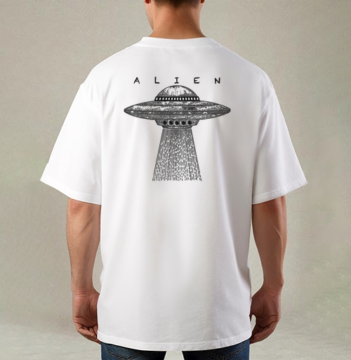 Фотография футболки Винтажный НЛО с лучом света и надписью ALIEN