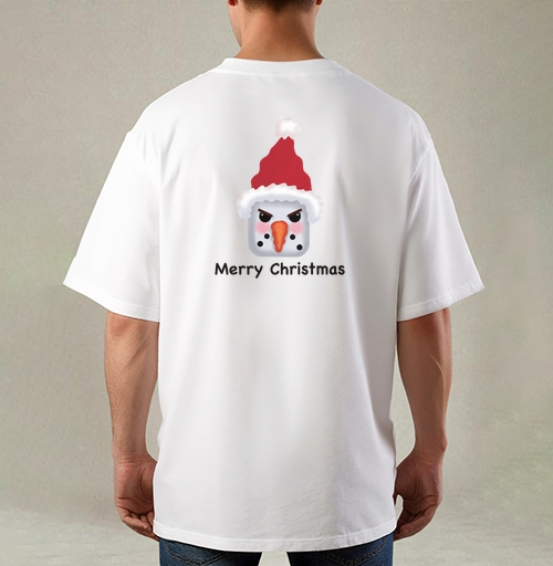 Фотография футболки Агрессивный снеговик с красной шапкой и надписью Merry Christmas