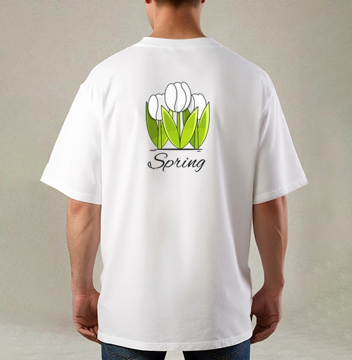 Фотография футболки Белые тюльпаны и зелёные листья весна надпись Spring