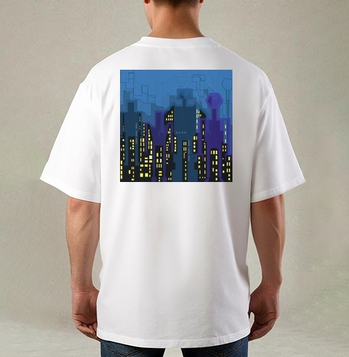 Фотография футболки Ночной городской пейзаж с яркими окнами огнями в мегаполисе