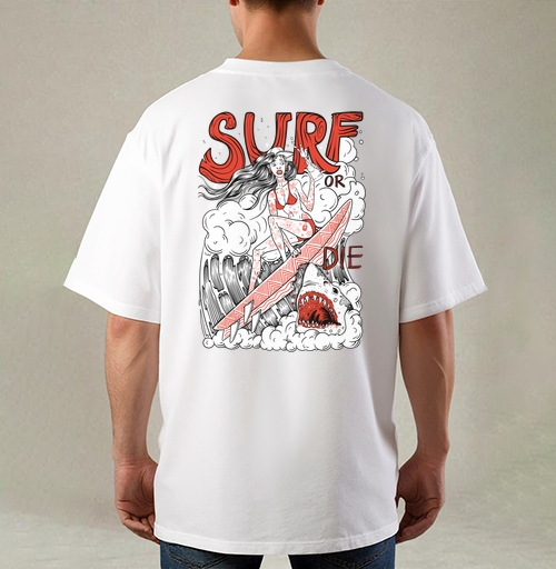 Фотография футболки Девушка Серфер На Волне С Акулами Surf Or Die