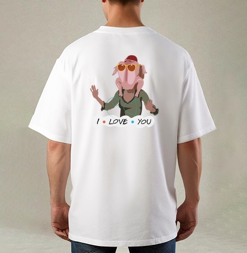 Фотография футболки Комичный человек с индейкой на голове на фоне I LOVE YOU