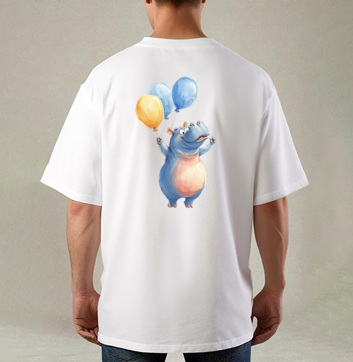 Фотография футболки Watercolor Blue Hippo with Balloons / Акварельный бегемот с шариками