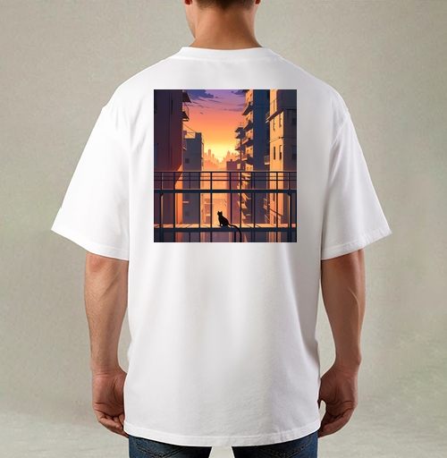 Фотография футболки Silhouette Cat Watching City Sunset Силуэт кота смотрящего на закат города