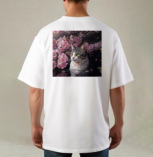 Фотография футболки Cat in sakura – Полосатый кот среди розовых лепестков Кот сакура вишня