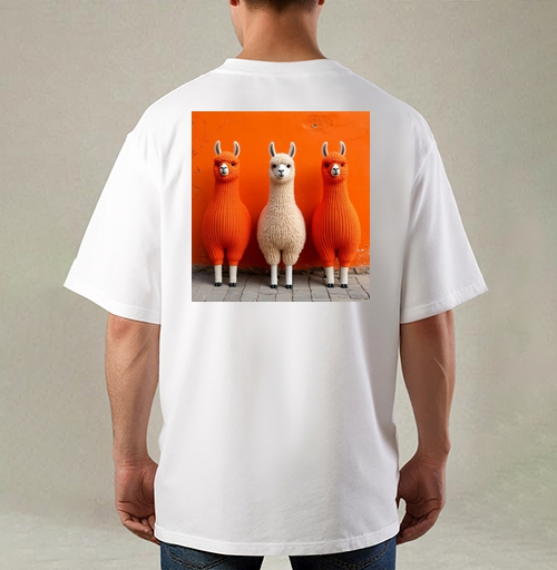 Фотография футболки Llamas in orange sweaters / Ламы в ярких свитерах у оранжевой стены