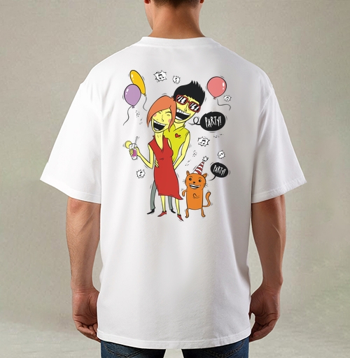 Фотография футболки Pop art вечеринка / Party с женщиной мужчиной и рыжим котом PARTY ТУСУЕМСЯ