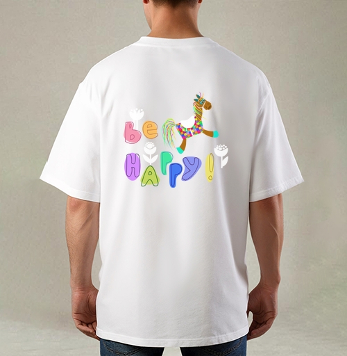Фотография футболки Яркая игрушка-конь с позитивной надписью Be Happy