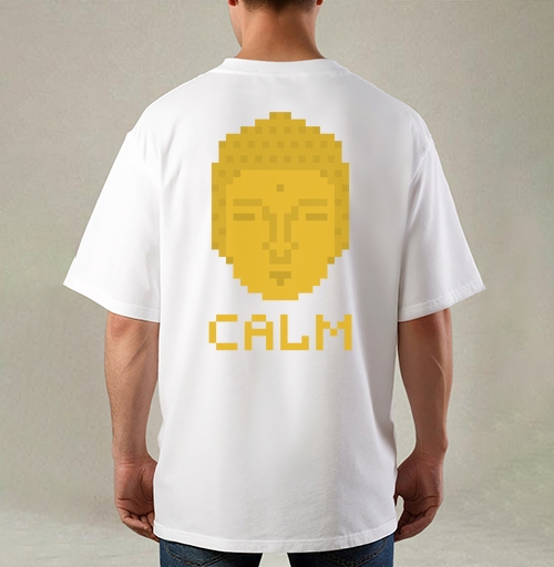 Фотография футболки Пиксельное Лицо Будды с Надписью Calm