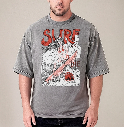 Фотография футболки Девушка Серфер На Волне С Акулами Surf Or Die