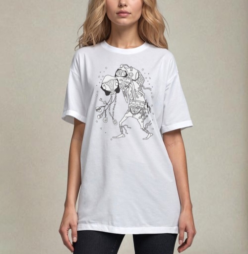 Фотография футболки Путник подводных глубин с рюкзаком и амулетами