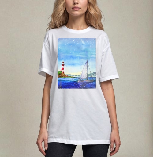Фотография футболки Яхта и маяк в море