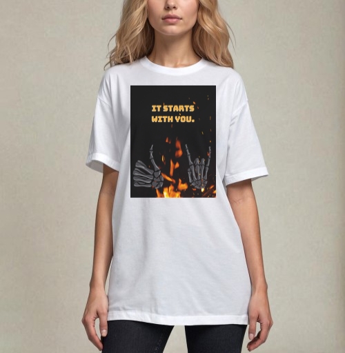 Фотография футболки Скелетные руки и яркое пламя Skeleton Hands Fire мотив силы воли