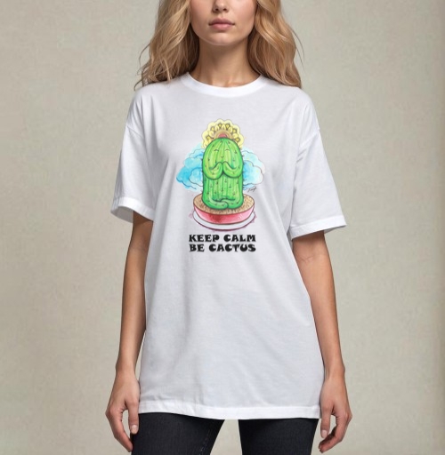 Фотография футболки Спокойный медитирующий кактус с позитивной надписью be cactus