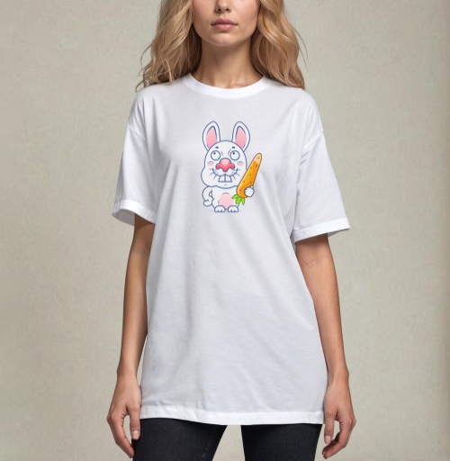 Фотография футболки Весёлый белый кролик с морковкой на сером фоне