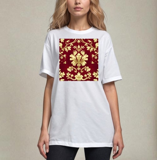 Фотография футболки Золотой дамасский узор на темном бордовом фоне Golden damask pattern