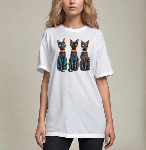 Фотография футболки Три черных кота с оранжевыми глазами / Three Black Cats with Orange Eyes