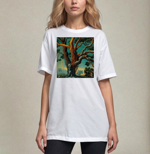 Фотография футболки Golden tree in turquoise forest / Золотое дерево в бирюзовом лесу