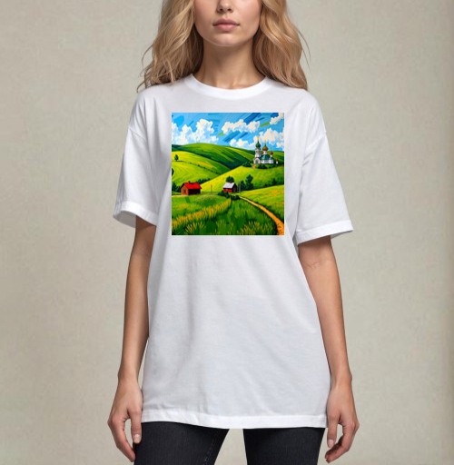 Фотография футболки Village Summer Landscape - Летний сельский пейзаж с золотыми куполами церкви