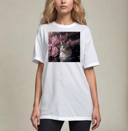 Фотография футболки Cat in sakura – Полосатый кот среди розовых лепестков Кот сакура вишня