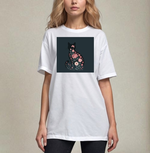 Фотография футболки Изящный грациозный силуэт черного кота в розах Floral cat rose