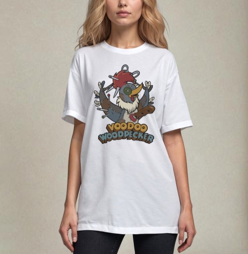 Фотография футболки Voodoo Woodpecker Вуду дятел мультяшная стилизованная иллюстрация