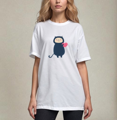 Фотография футболки Милый котик с розовым сердцем в kawaii стиле