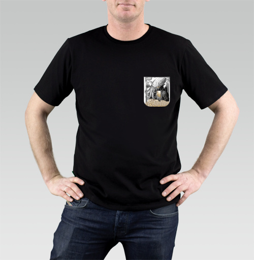Фотография футболки Ктулху делает селфи на айФон, чёрно-золотая версия