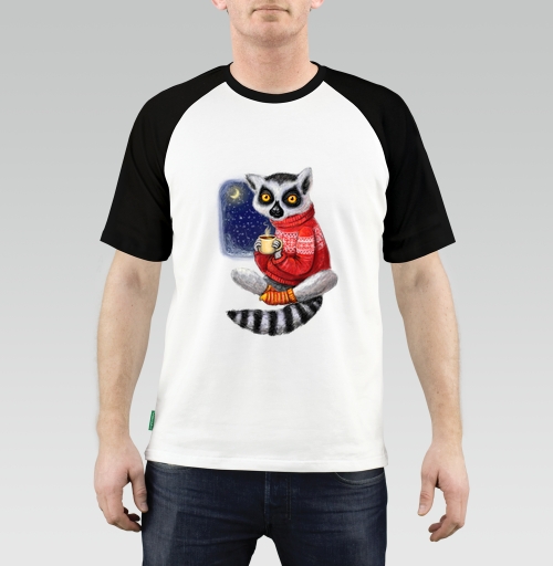 Мужская футболка Regular реглан с рисунком Уютный лемур 163773, размер 46 (S) &mdash; 58 (4XL), цвет белый/черный, материал - 100% хлопок высшее качество - купить в интернет-магазине Мэриджейн в Москве и СПБ