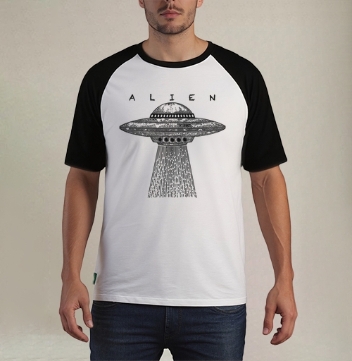Фотография футболки Винтажный НЛО с лучом света и надписью ALIEN