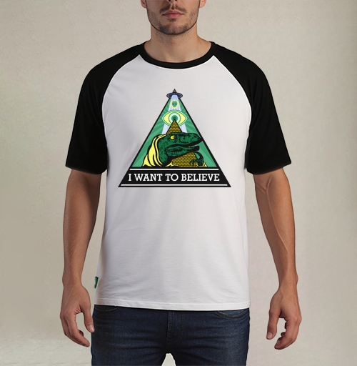 Фотография футболки Велоцираптор Иллюминат с Надписью I WANT TO BELIEVE