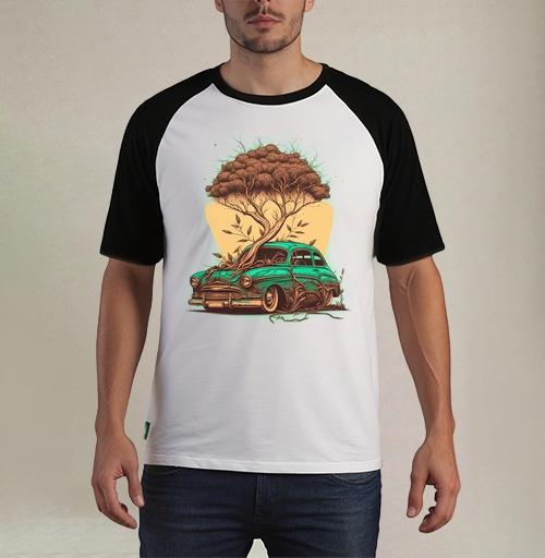 Фотография футболки Сюрреалистичная иллюстрация: дерево и винтажный автомобиль