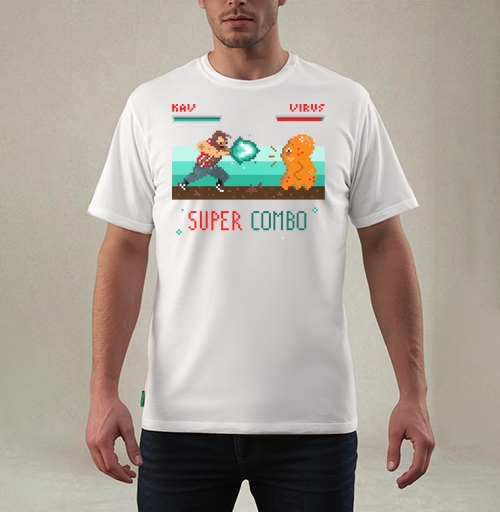 Фотография футболки Энергичная битва в пиксель-арт стиле с SUPER COMBO