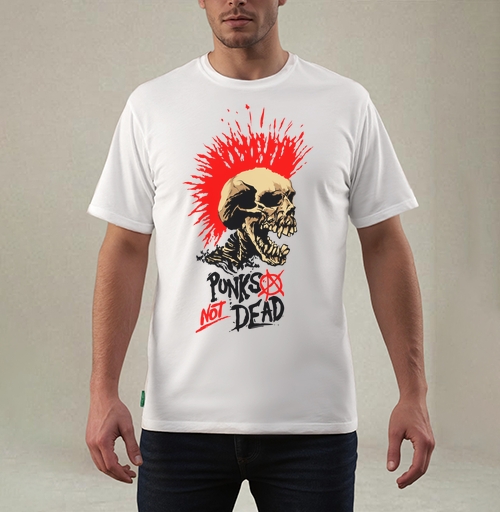 Фотография футболки Агрессивный череп с красным ирокезом «Punks Not Dead»