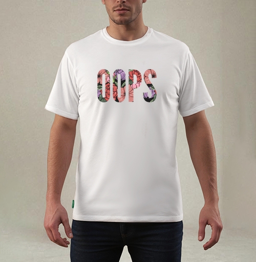 Фотография футболки Цветочная Надпись Ошибка OOPS на Сером фоне