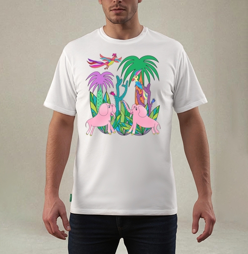 Фотография футболки Розовые слоны птицы пальмы на салатовом фоне