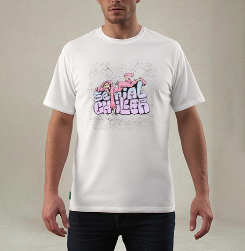 Фотография футболки Расслабляющая фигура в розовом на надписи Serial Chiller