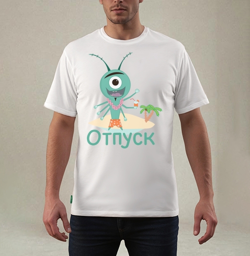 Фотография футболки Весёлый зелёный циклоп отдыхает на острове под пальмой в отпуск