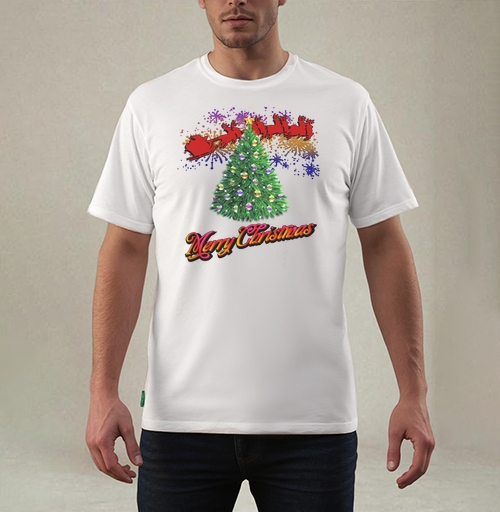 Фотография футболки Яркая новогодняя елка с оленями и Merry Christmas надписью