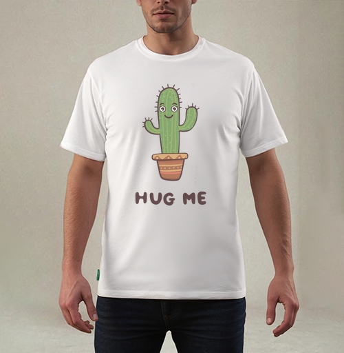 Фотография футболки Зелёный улыбающийся кактус просит обниматься Hug Me