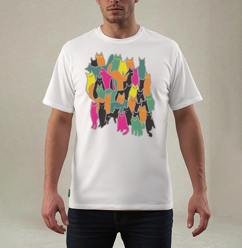 Фотография футболки Яркий паттерн с мультицветными кошками