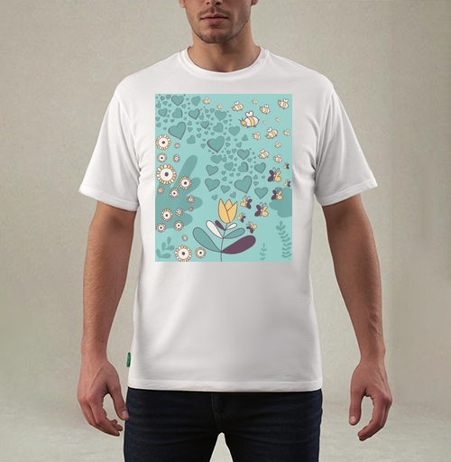 Фотография футболки Мягкая пастельная сцена пчел и бабочек вокруг цветов и сердечек