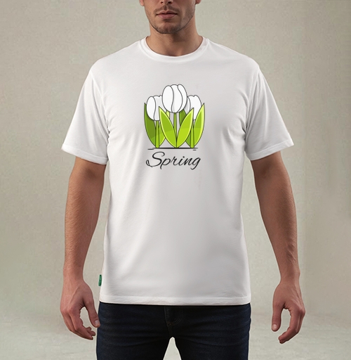 Фотография футболки Белые тюльпаны и зелёные листья весна надпись Spring