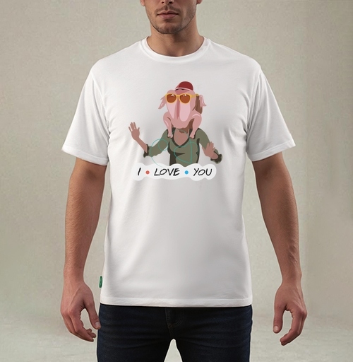 Фотография футболки Комичный человек с индейкой на голове на фоне I LOVE YOU