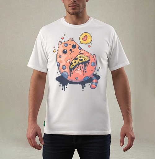 Фотография футболки Милый кот с гигантской пиццей в стиле Creepy Cute